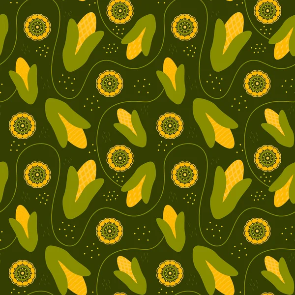 Seamless corn pattern on dark green background in cartoon style for textile print or packaging design, vegetable ornament