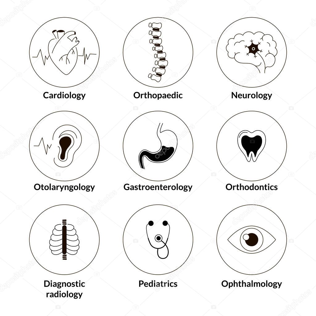 Medical specialties icon set in black and white style isolated on white background, design element for scientific conference or infographic, doodle illustration