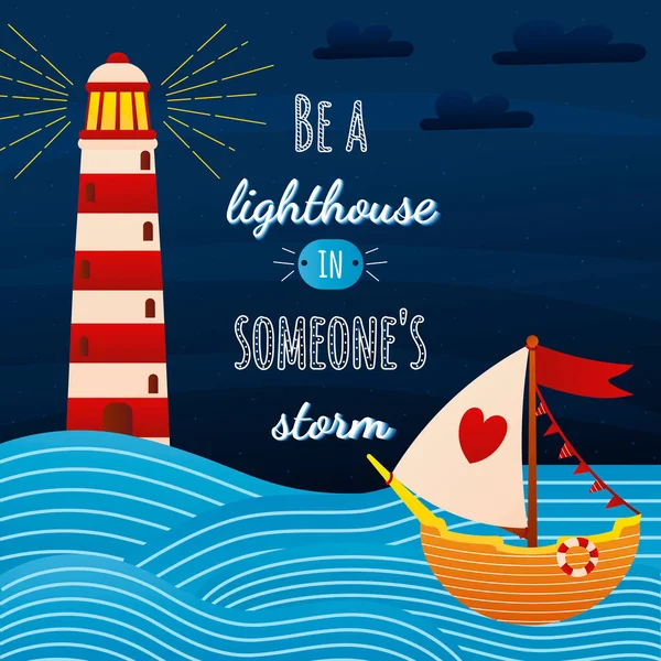 Lighthouse Someones Storm Lettering Cartoon Style Lighthouse Boat Ocean Poster — Stock Vector