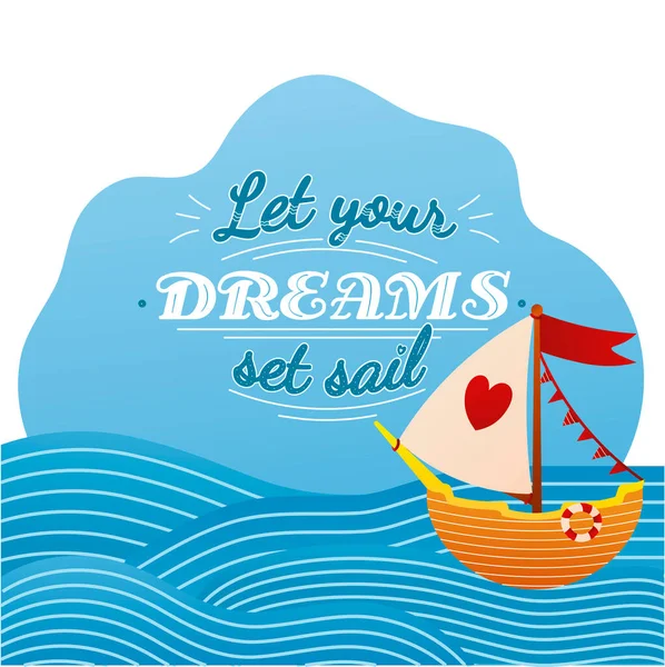 Let your dreams set sail lettering with cartoon style lighthouse and boat in the ocean, poster design for print, motivational card