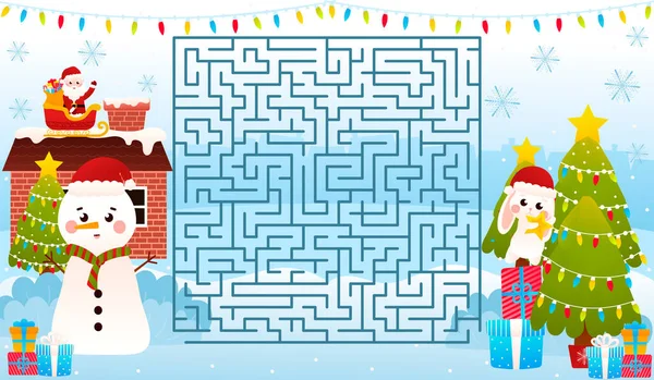 Christmas Riddle Kids Cute Bunny Decorates Christmas Tee Labyrinth Maze — ストックベクタ