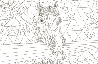 Zentangle stylized horse antistress coloring page for adults in black and white style for print, hand drawn sketch for t-shirt emblem, logo or tattoo with doodle