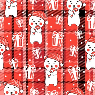 Sevimli ayı karakteri ve kırmızı üzerinde hediyeler ile noel kusursuz desen baskı veya paketleme tasarımı, tekstil, duvar kağıdı, ağ, kumaş için arka plan kontrol