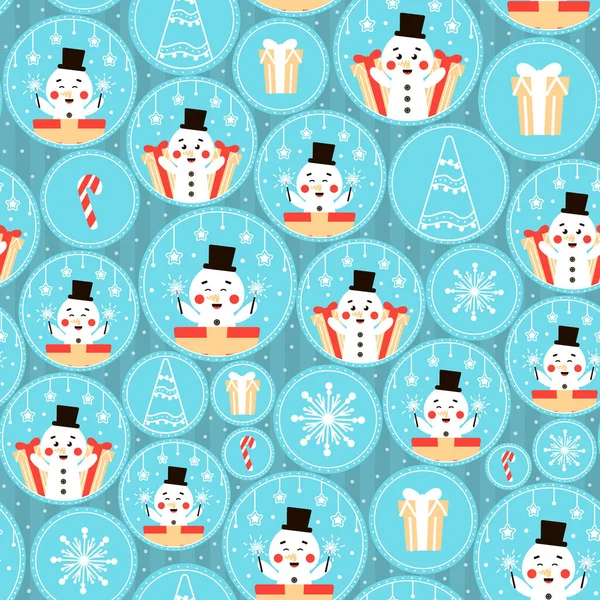 Tatlı kardan adam karakterine sahip kusursuz bir Noel deseni ve mavi arka planda baskı ya da ambalaj tasarımı, tekstil, duvar kağıdı, ağ, kumaş için hediyeler.