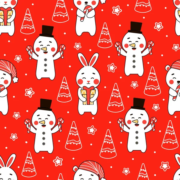 Різдвяний Безшовний Візерунок Милими Персонажами Сніговик Ведмідь Кролик Червоному Тлі — стоковий вектор