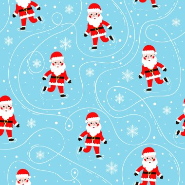 Kar taneleriyle kusursuz noel şablonu ve mavi arka planda Noel Baba buz pateni kağıtları ya da tekstil baskısı için, çocuklar için kış duvar kağıdı.