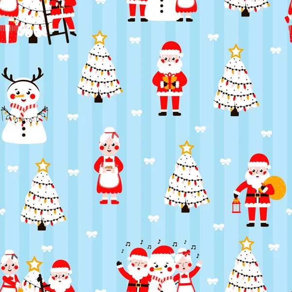 Seamless Christmas Pattern Cute Santa Snowman Christmas Tree Blue Background — Stock Vector