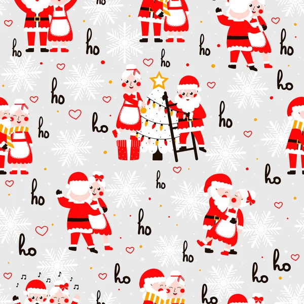 Noel Baba ve Bayan Noel Baba 'nın gri arka planda, kağıt ya da tekstil baskısı için kusursuz Noel desenleri, çocuklar için kış duvar kağıtları.