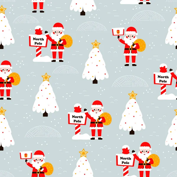 Απρόσκοπτη Χριστουγεννιάτικο Μοτίβο Santa Claus Και Βόρειο Πόλο Γκρι Φόντο — Διανυσματικό Αρχείο