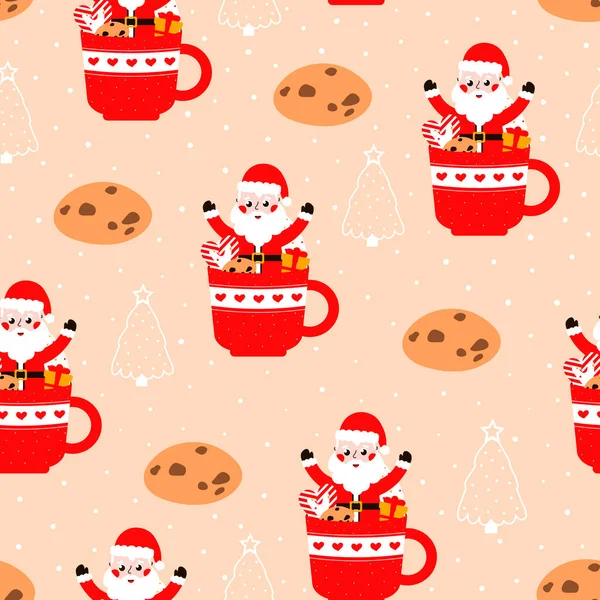 Απρόσκοπτη Χριστουγεννιάτικο Μοτίβο Santa Claus Και Μπισκότα Ανοιχτό Πορτοκαλί Φόντο — Διανυσματικό Αρχείο