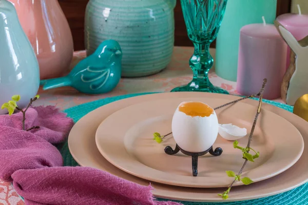 复活节的餐桌- -一个鸡蛋和一根枝条，盘子里有第一批叶子 — 图库照片