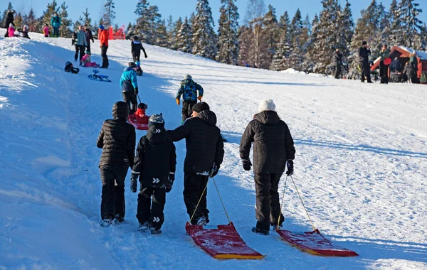 Umea Norrland Sweden February 2022 People Ski Slopes Pull Sledges — Stock Photo, Image