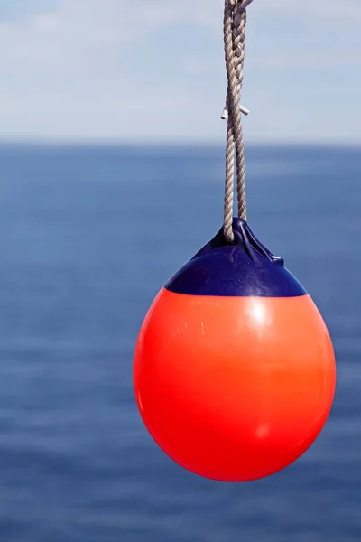 Red Buoy Hanging Rope Ship Sea Background — Stock Photo, Image