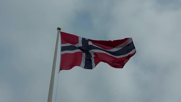 Norwegian Flag Blowing Wind Rain Clouds Background — Wideo stockowe