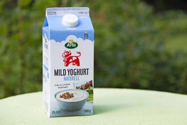 Umea, Norrland Sweden - August 8, 2022: a Swedish package of natural yogurt