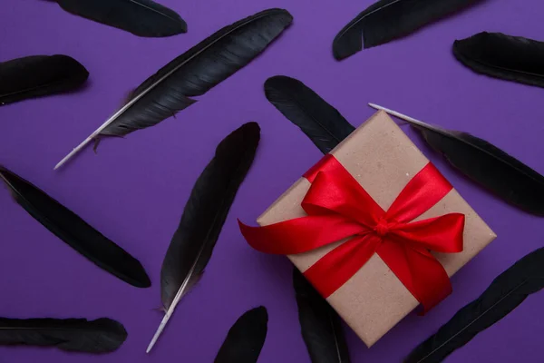 Gift box with a red bow, black raven feathers on a purple background. Mystical Christmas concept.