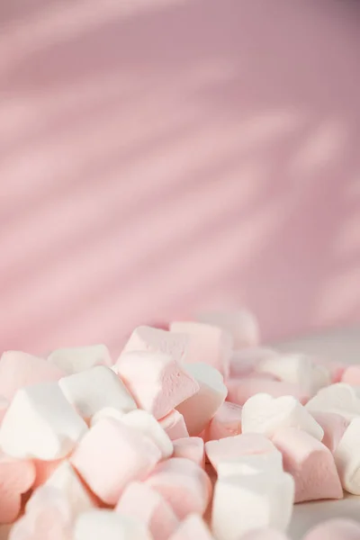 Sweet Marshmallows Pink Pastel Background Childhood Birthday Concept — Zdjęcie stockowe