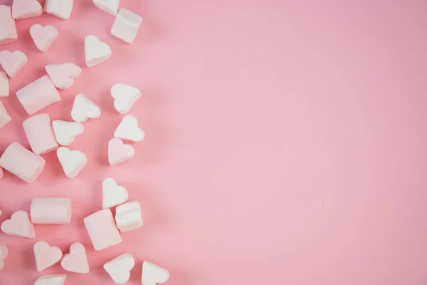 Sweet Marshmallows Pink Pastel Background Childhood Birthday Concept — Zdjęcie stockowe