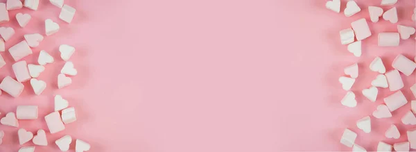 Sweet Marshmallows Pink Pastel Background Childhood Birthday Concept — Photo