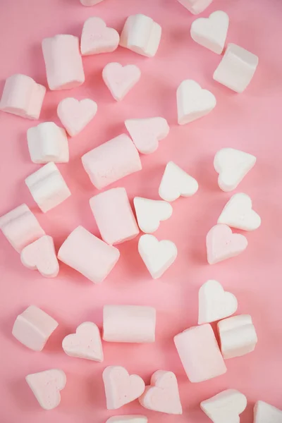Sweet Marshmallows Pink Pastel Background Childhood Birthday Concept — Zdjęcie stockowe