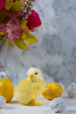 Renkli yumurta ve arka planda tavuk olan Paskalya kartı. Mutlu Paskalya kavramları. Boşluğu kopyala.