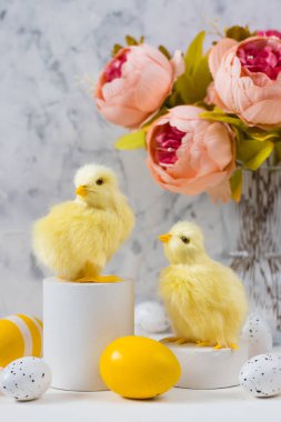 Renkli yumurta ve arka planda tavuk olan Paskalya kartı. Mutlu Paskalya kavramları. Boşluğu kopyala.