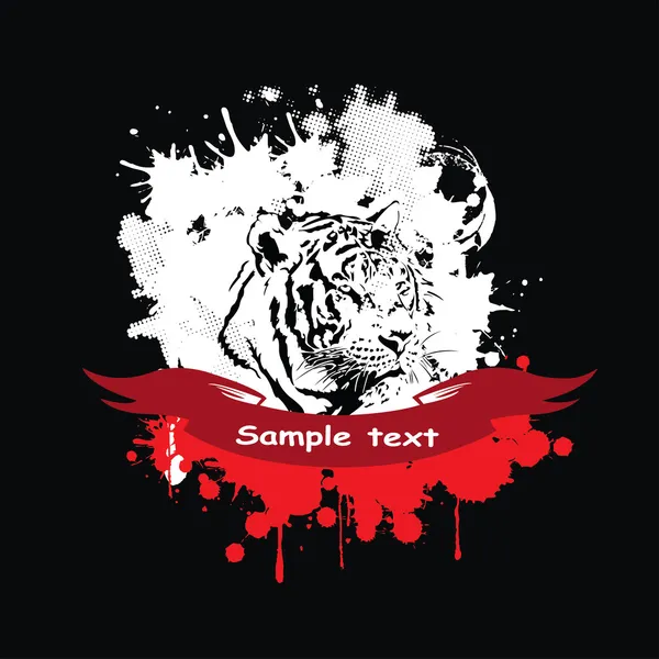 Tigre blanco en un marco con una cinta roja — Vector de stock