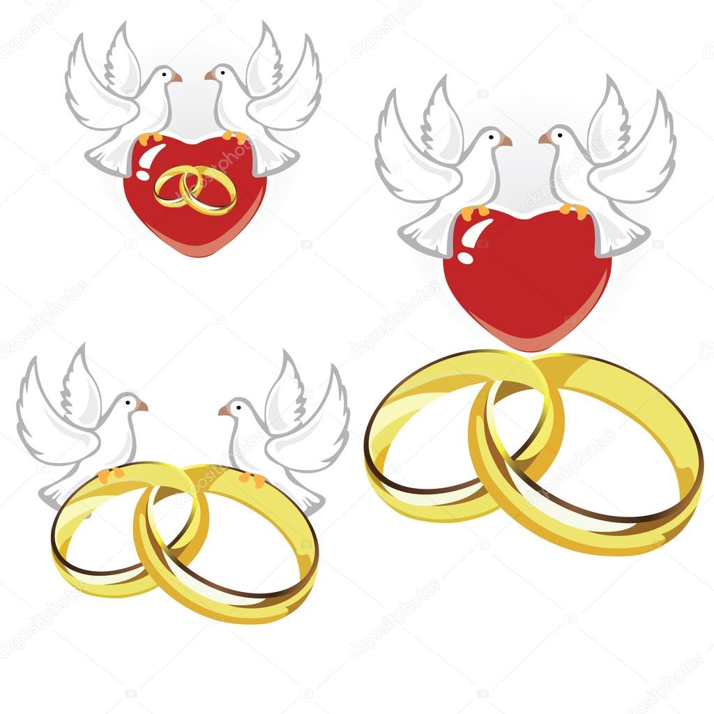 Wedding rings, hearts and doves