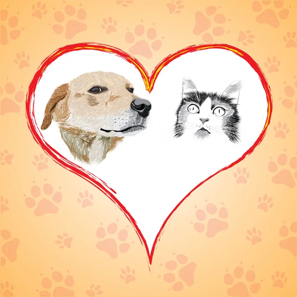 Cartoon kat en hond met hart. — Stockvector
