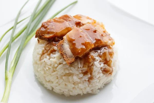 Хрустящая свинина с рисом на белом фоне — стоковое фото