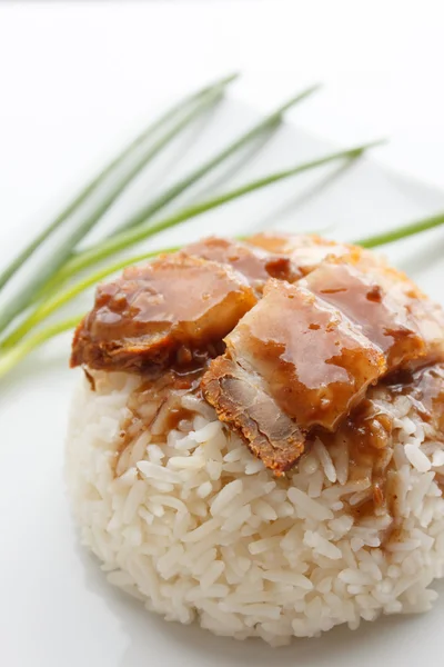Porco crocante com arroz isolado no fundo branco — Fotografia de Stock