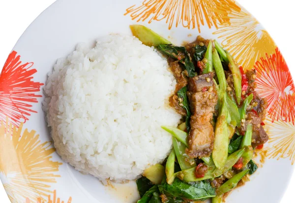 Stir fried kale with crispy pork and rice — Stock Photo, Image
