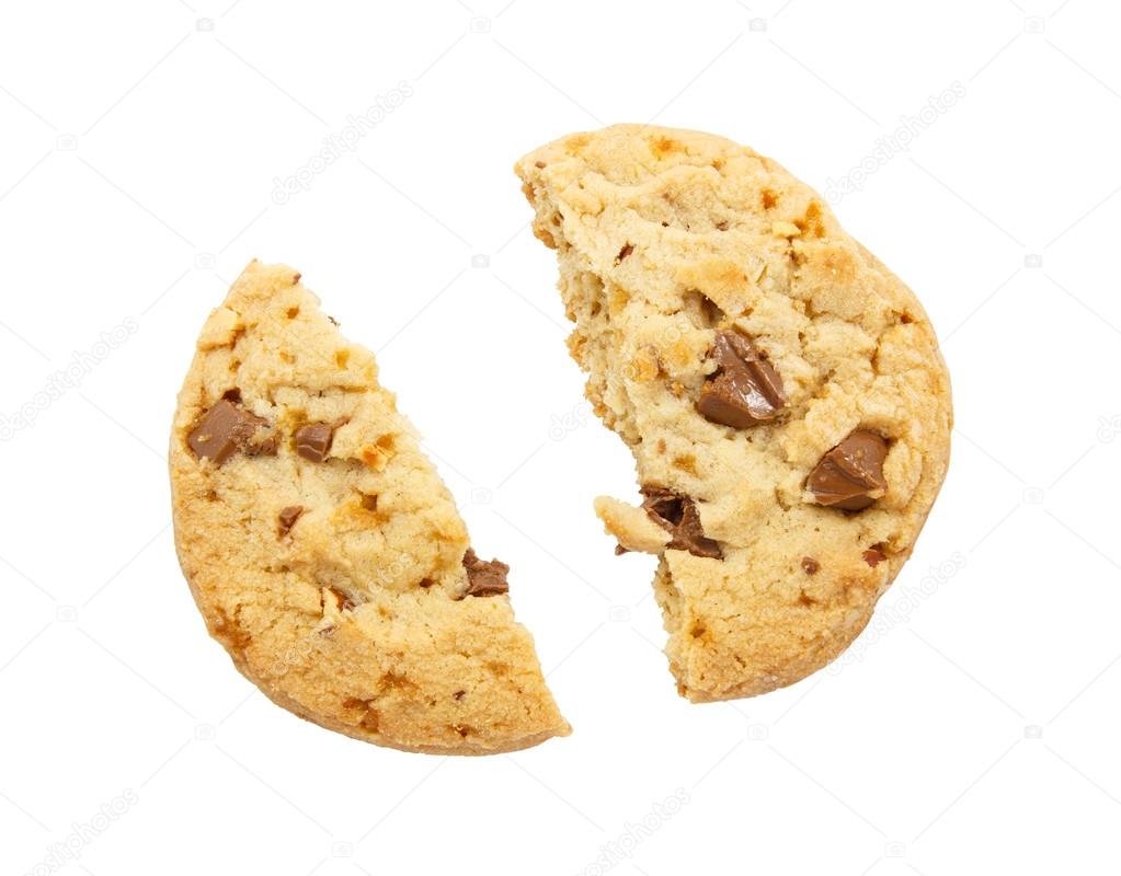 Cracked chocolate chip cookie on white background