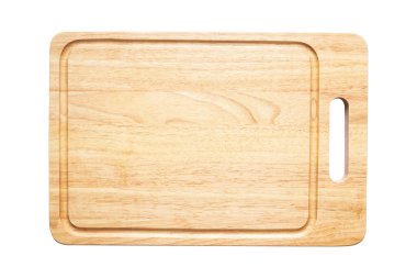 Beyaz arkaplanda izole edilmiş ahşap kesim tahtasının üst görünümü