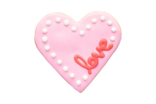 Pink Heart Shaped Cookie Royal Icing Isolated White Background — Stock Photo, Image