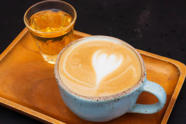 Cup Coffee Latte Hot Tea Brown Wooden Tray — Stock Photo, Image