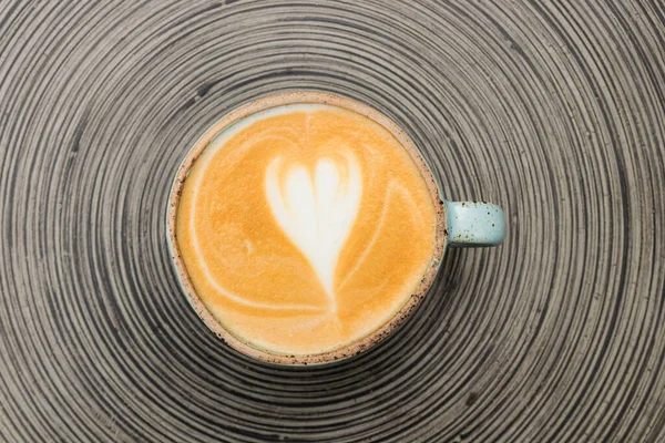 Cup Coffee Latte Art Foam Wooden Table Top View — Zdjęcie stockowe