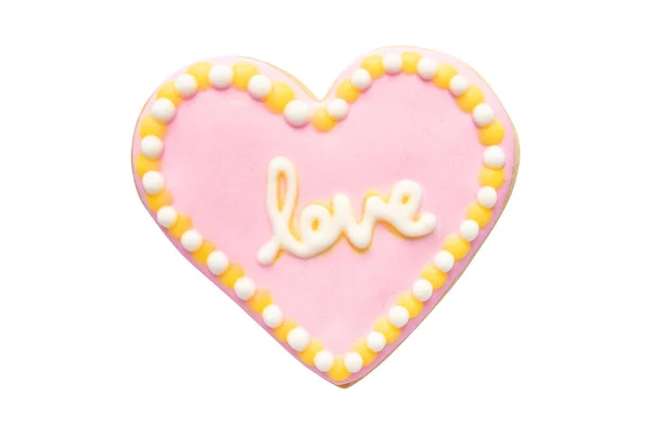 Pink Heart Shaped Cookie Royal Icing Απομονωμένο Λευκό Φόντο — Φωτογραφία Αρχείου