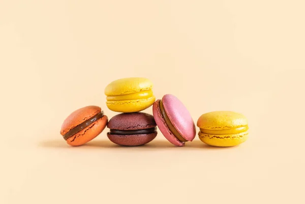 Tasty French Macarons Yellow Pastel Background Place Text — Stock Photo, Image