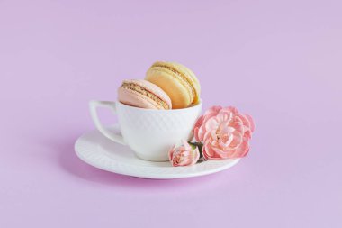 Menekşe rengi pastel arka planda beyaz bir fincanda çiçekli lezzetli Fransız kurabiyeleri. Metin için yer.