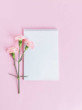 Pembe pastel arka planda boş sayfa ve kalemle yazılmış bir defter. Düz yatıyordu. Metin için yer. 