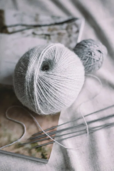 Balls Wool Yarn Needles Rustic Background Concept Handmade Hygge Slow — Stock Photo, Image