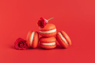 Kırmızı arka planda gül çiçekli kırmızı Fransız kurabiyeleri. Metin için yer. 