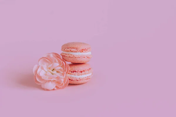 Tasty French Macarons Flower Pink Pastel Background Place Text — Foto de Stock