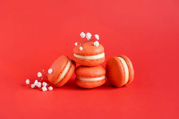 Tasty French Macarons White Flowers Red Background Place Text — Photo