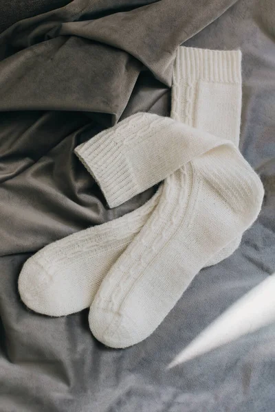 Hand Knitted White Socks Grey Background Concept Handmade Hygge Slow — Stockfoto