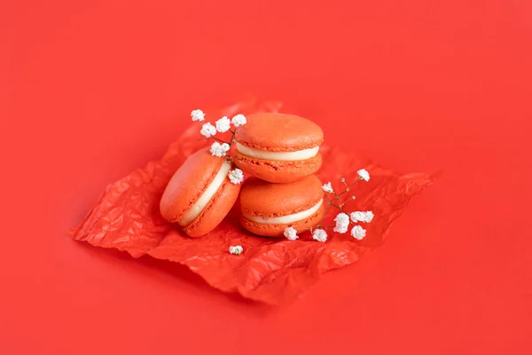 Des Macarons Français Savoureux Sur Fond Rouge Place Pour Texte — Photo