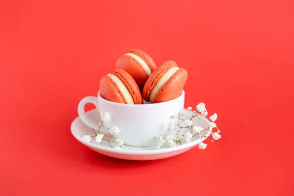 Lekkere Franse Macarons Met Bloemen Een Kapje Een Rode Achtergrond — Stockfoto