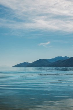 Skadar Gölü 'nün muhteşem manzarası ve güneşli bir sabahta güzel dağlar. Karadağ 'da seyahat hedefi.