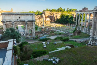 Roma, İtalya, 27 Haziran 2014: Roma Forumu, birçok antik hükümet binasının kalıntılarıyla çevrili popüler bir turizm merkezi..  